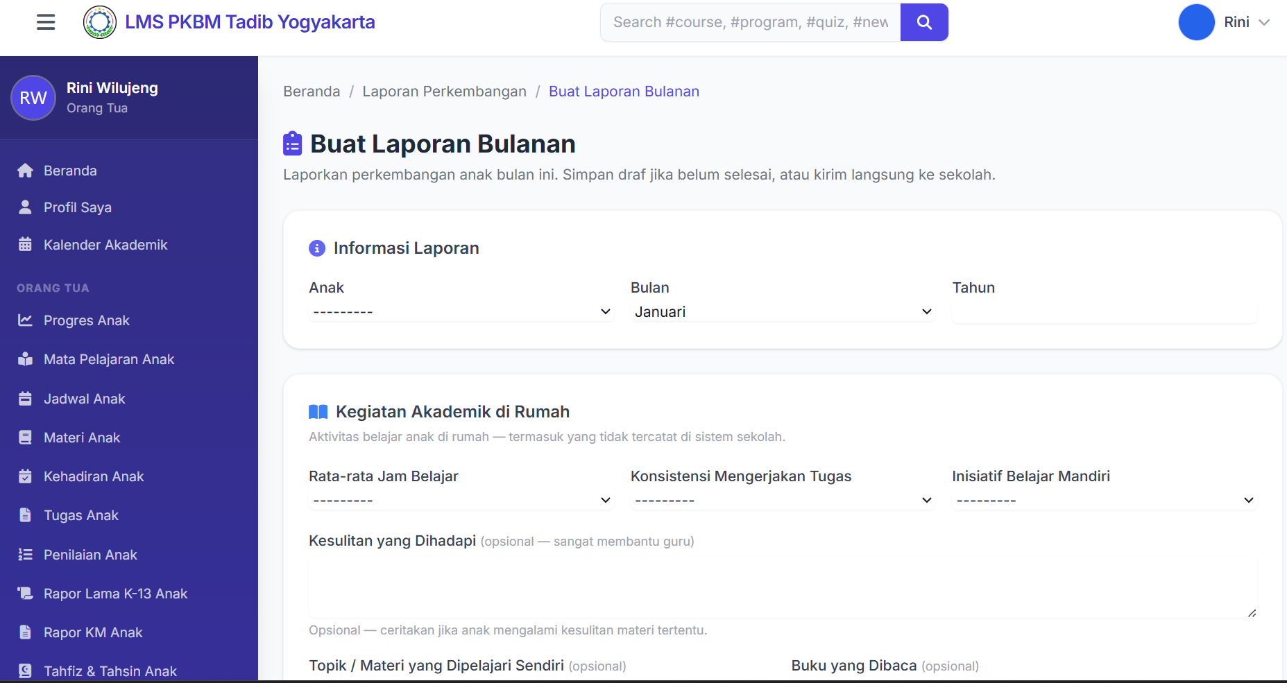 Dashboard orang tua LMS PKBM Tadib