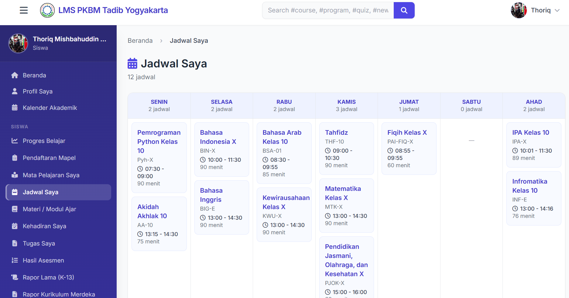 Dashboard siswa LMS PKBM Tadib