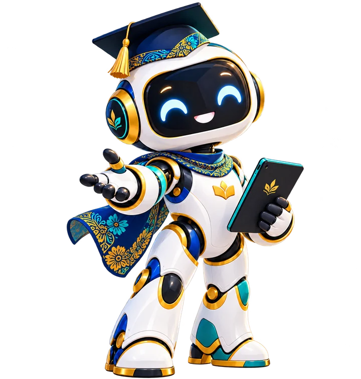 Maskot robot tutor AI EduTadib bertoga, membawa tablet