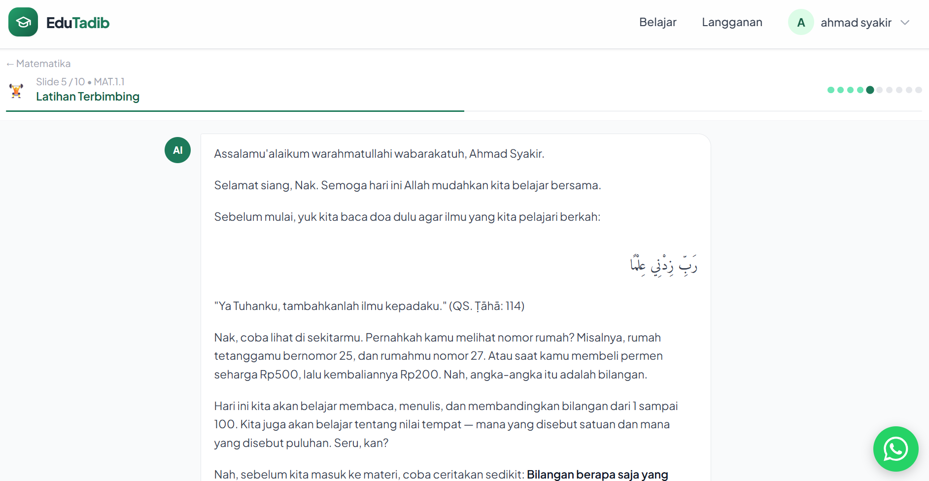 Tampilan sesi belajar EduTadib — tutor AI memandu materi Matematika slide demi slide, dibuka dengan salam dan doa