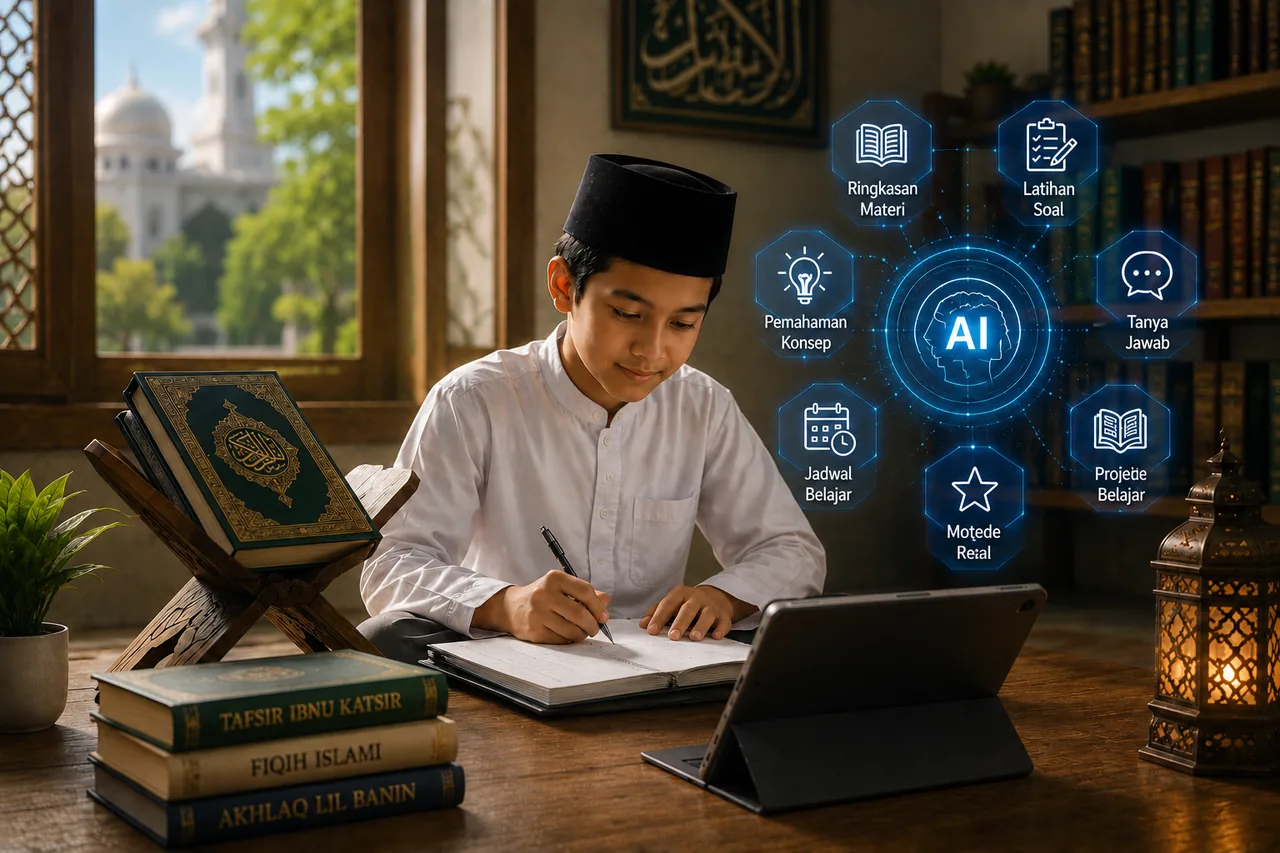 Siswa muslim belajar dengan bimbingan AI Islami EduTadib — Al-Qur'an, kitab klasik, dan fitur AI: ringkasan materi, latihan soal, tanya jawab, tafsir Al-Qur'an